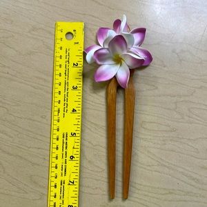 Made in Hawaii. Purple lavender white foam plumeria on wooden hair pick. 2 prong